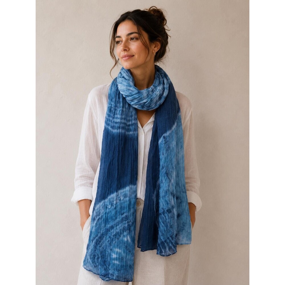 Hand Dyed Indigo Scarf, Tencel Linen Wrap, Shibori Tie Dye, Blue Boho Shawl